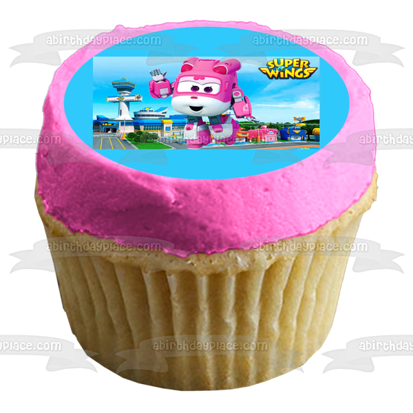 Super Wings Dizzy Pink Helicopter Rescue Waving Edible Cake Topper Image ABPID00654