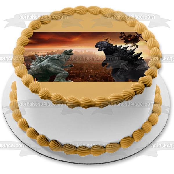 Godzilla King of the Monsters Two Godzillas Fighting Helicopters Edible Cake Topper Image ABPID00738