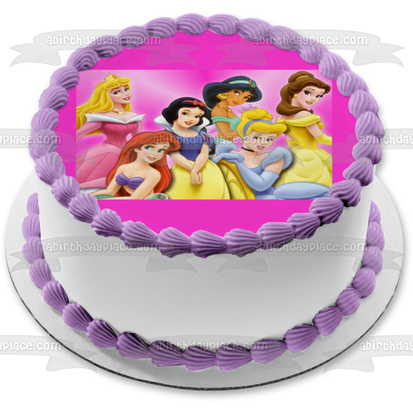 Princess Ariel Belle Aurora Jasmine Cinderella Snow White Pink Background Edible Cake Topper Image ABPID00784