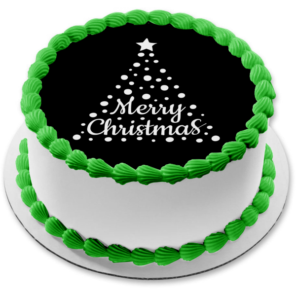 Merry Christmas Black and White Chirstmas Tree Edible Cake Topper Image ABPID55100
