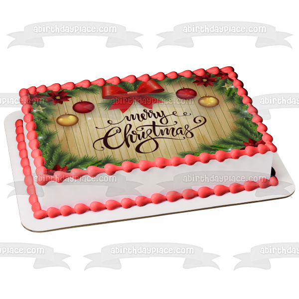 Merry Christmas Christmas Bow and Ball Ornaments Edible Cake Topper Image ABPID55103
