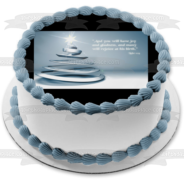 Merry Christmas Religious Quote Silver Christmas Tree Edible Cake Topper Image ABPID55128