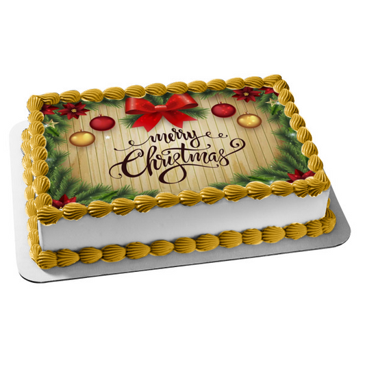 Merry Christmas Christmas Bow and Ball Ornaments Edible Cake Topper Image ABPID55103