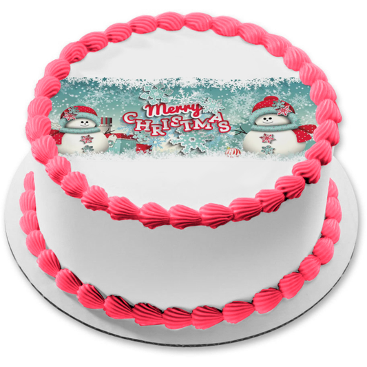 Merry Christmas Snowmen Edible Cake Topper Image ABPID55104