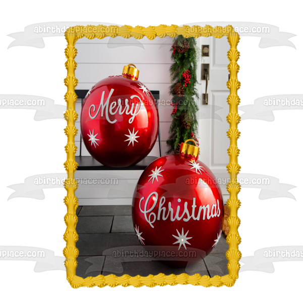 Merry Christmas Red Christmas Ball Ornaments Edible Cake Topper Image ABPID55111