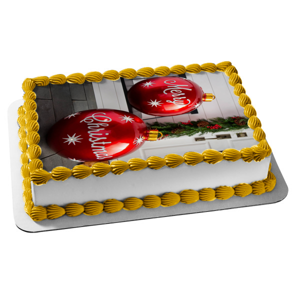 Merry Christmas Red Christmas Ball Ornaments Edible Cake Topper Image ABPID55111