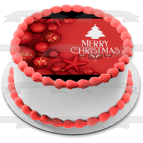 Merry Christmas Red Christmas Ball Ornaments Edible Cake Topper Image ABPID55118