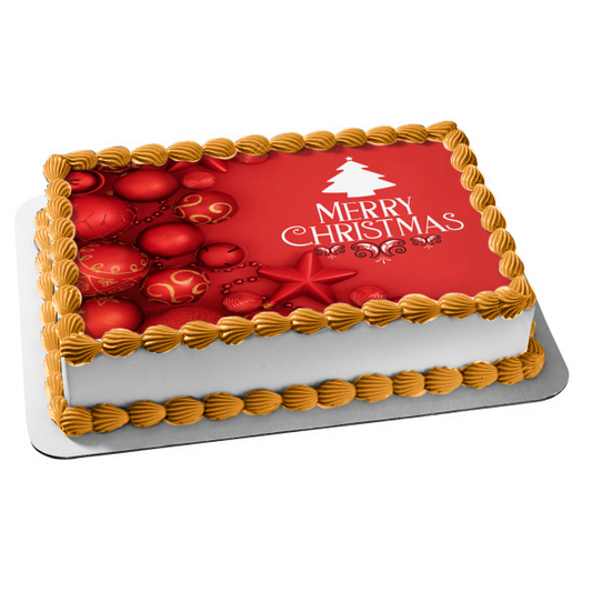 Merry Christmas Red Christmas Ball Ornaments Edible Cake Topper Image ABPID55118