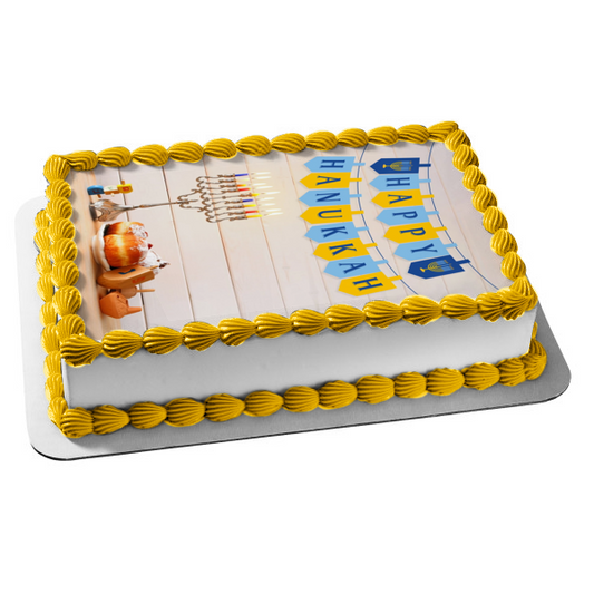 Happy Hanukkah Banner Menorah Dreidel Edible Cake Topper Image ABPID55120