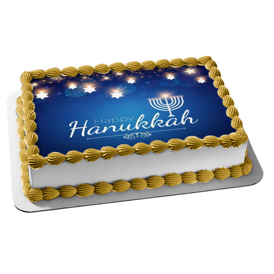 Happy Hanukkah Menorah Stars Edible Cake Topper Image ABPID55121