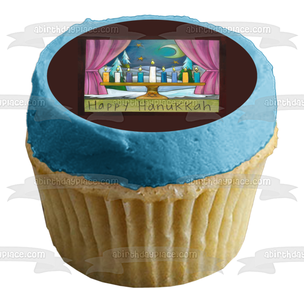 Feliz Hanukkah Menorah Luna y estrellas Imagen comestible para decoración de tarta ABPID55124 