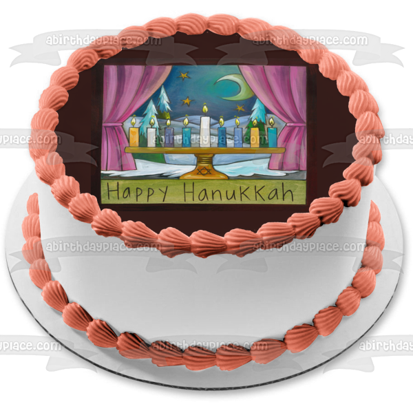 Feliz Hanukkah Menorah Luna y estrellas Imagen comestible para decoración de tarta ABPID55124 