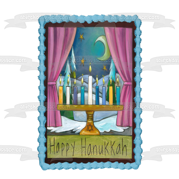 Feliz Hanukkah Menorah Luna y estrellas Imagen comestible para decoración de tarta ABPID55124 