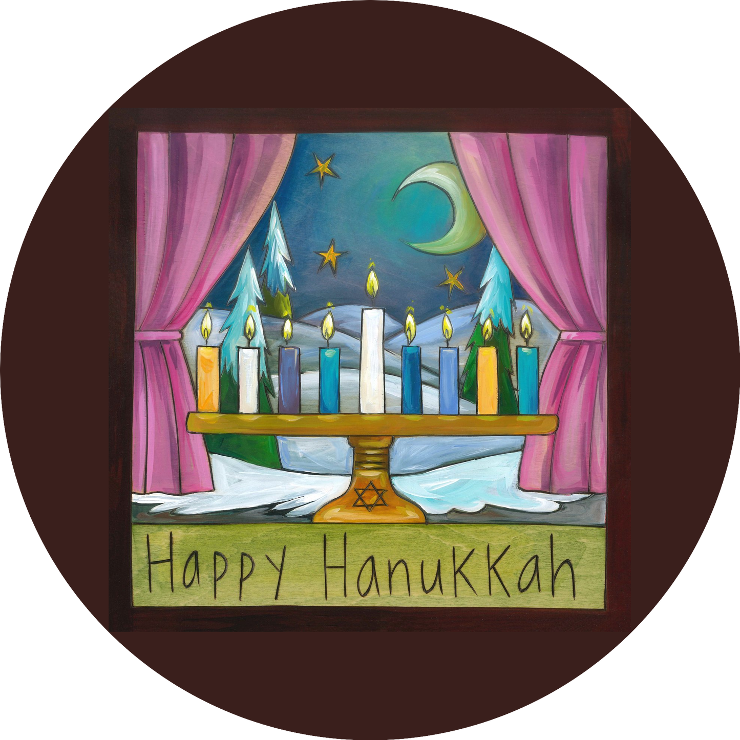 Feliz Hanukkah Menorah Luna y estrellas Imagen comestible para decoración de tarta ABPID55124 