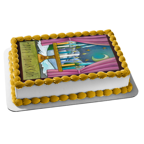Happy Hanukkah Menorah Moon and Stars Edible Cake Topper Image ABPID55124