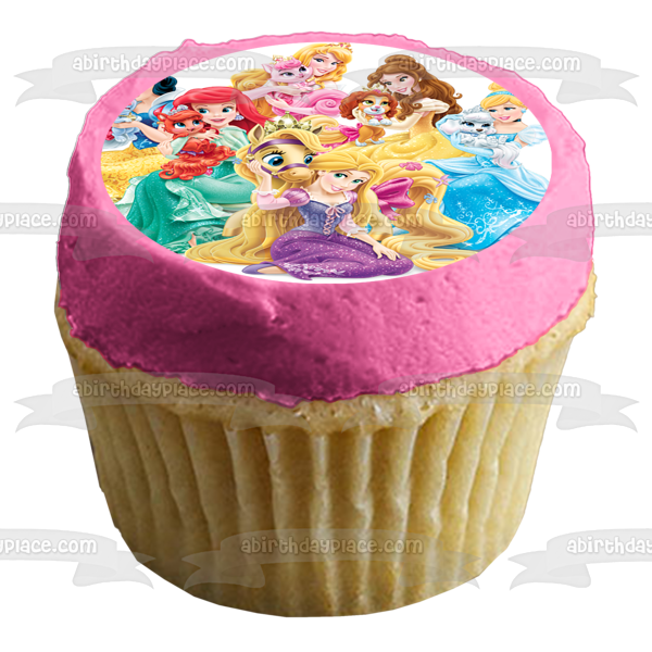 Princesses Cinderella Belle Ariel Snow White Jasmine Aurora and Their Palace Pets Edible Cake Topper Image ABPID00886