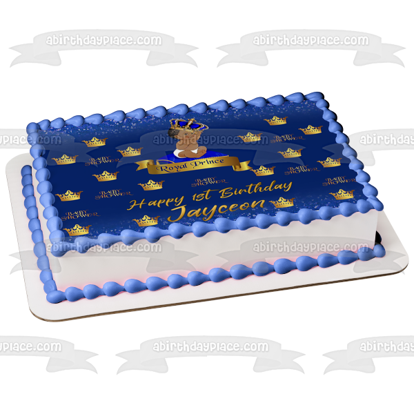 Baby Shower Royal Prince Baby Gold Blue Crown Edible Cake Topper Image or Strips ABPID00890