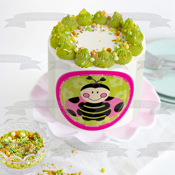 Pink Ladybug with Black Spots on Round Green and Pink Background Edible Cake Topper Image ABPID01020