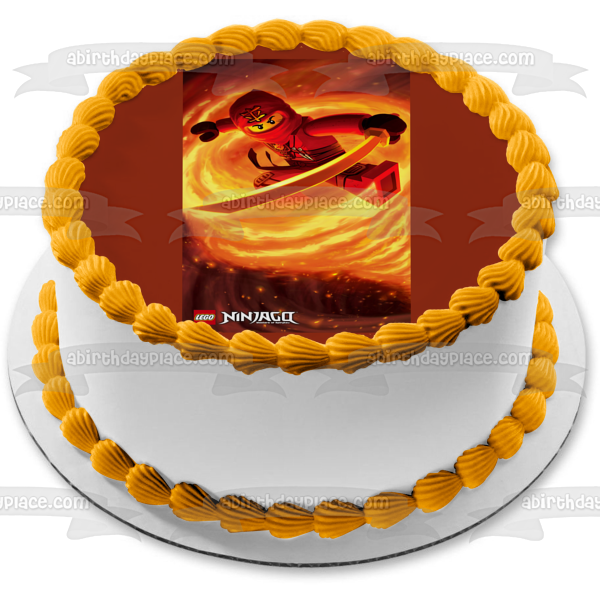 LEGO Ninjago Masters of Spinjitzu Red Ninja Orange Swirl Background Edible Cake Topper Image ABPID01147