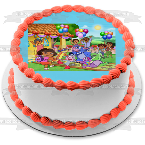 Dora and Frienda Party Boots Backpack Map Diego Swiper Tico Alicia Isa and Balloons Edible Cake Topper Image ABPID01184
