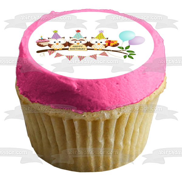 Owls Happy Birthday Banner Party Hats Balloons Cupcake Edible Cake Topper Image ABPID01218