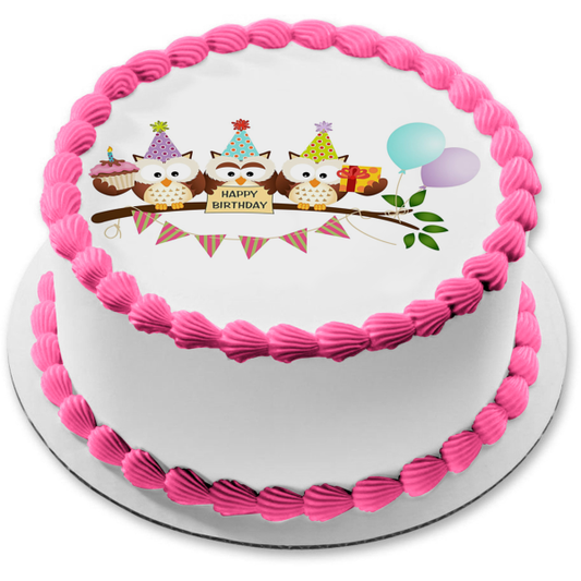 Búhos Feliz cumpleaños Banner Sombreros de fiesta Globos Cupcake Adorno comestible para pastel Imagen ABPID01218 