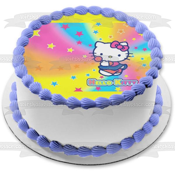 Hello Kitty Tye Dye Logo and a Starry Background Edible Cake Topper Image ABPID01249