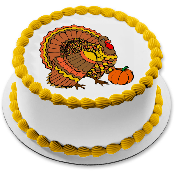 Happy Thanksgiving Colorful Turkey and a Pumpkin Edible Cake Topper Image ABPID01288