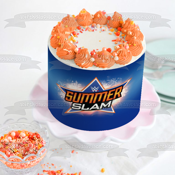 WWE Summer Slam World Wrestling Entertainment Fireworks Blue Background Edible Cake Topper Image ABPID01306