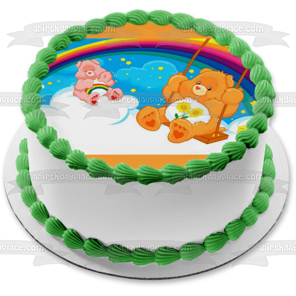 Care Bears Swinging Rainbow Stars Clouds Cheer Bear and Friend Bear Edible Cake Topper Image ABPID01334