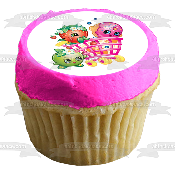 Shopkins Shopping Cart D'Lish Donut Strawberry Kiss and Apple Blossom Edible Cake Topper Image ABPID01316