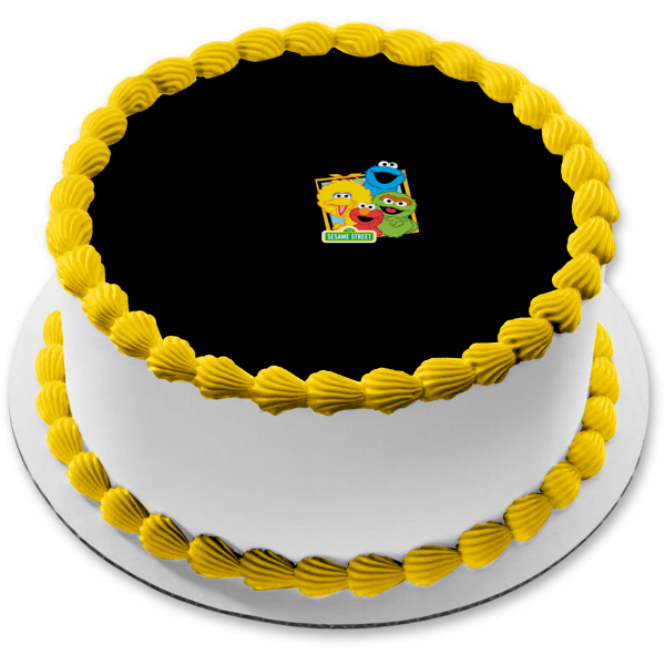Sesame Street Elmo Cookie Monster Oscar the Grouch Black Background and Big Bird Edible Cake Topper Image ABPID01320