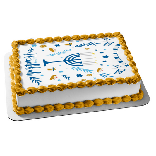 Happy Hanukkah Menorah Star of David Edible Cake Topper Image ABPID55119