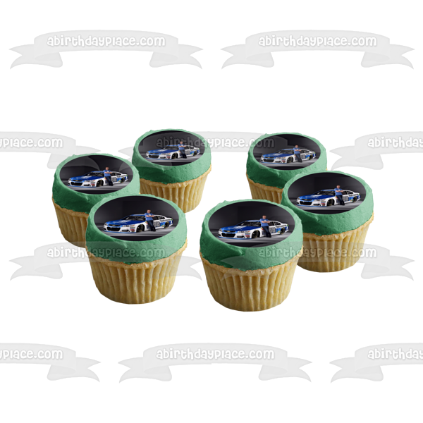 Nascar Dale Jr. Standing by Race Car Edible Cake Topper Image ABPID01357