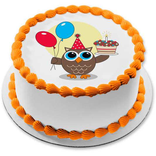Owl Happy Birthday Cake Party Hat Balloons Edible Cake Topper Image ABPID01394