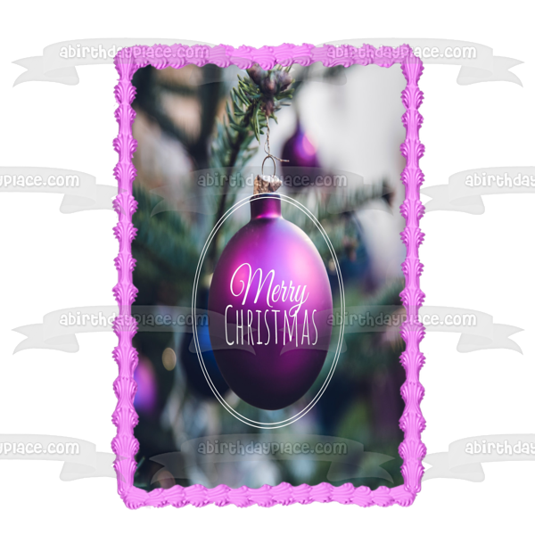 Merry Christmas Purple Christmas Tree Ball Ornament Edible Cake Topper Image ABPID55096