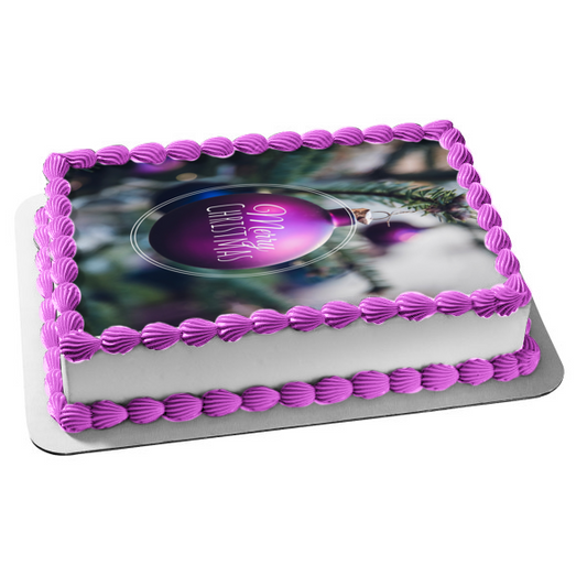 Merry Christmas Purple Christmas Tree Ball Ornament Edible Cake Topper Image ABPID55096