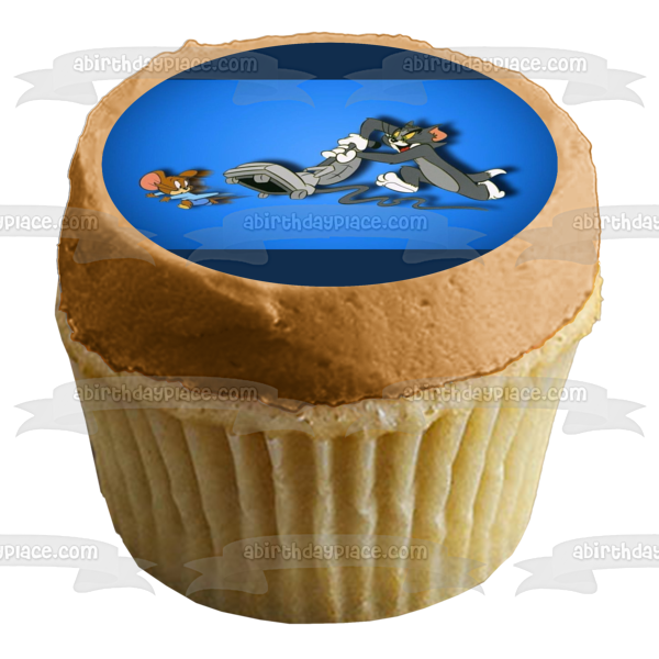 Tom and Jerry Chasing with a Vaccuum and a Blue Background Edible Cake Topper Image ABPID01405
