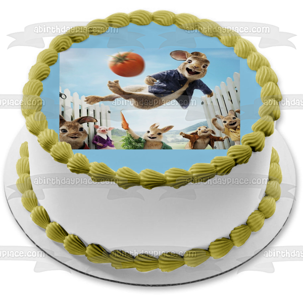 Peter Rabbit Kicking a Tomato Hopsy Cotton-Tail and Mopsy Edible Cake Topper Image ABPID01412