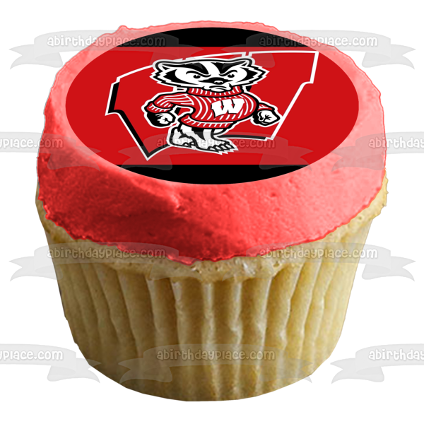 Wisconsin Badger Logo on a Red Background Edible Cake Topper Image ABPID01497