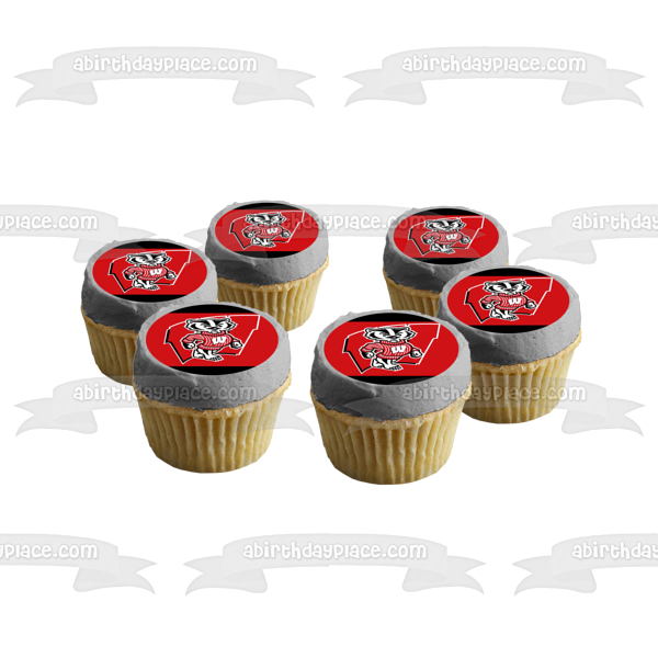 Wisconsin Badger Logo on a Red Background Edible Cake Topper Image ABPID01497