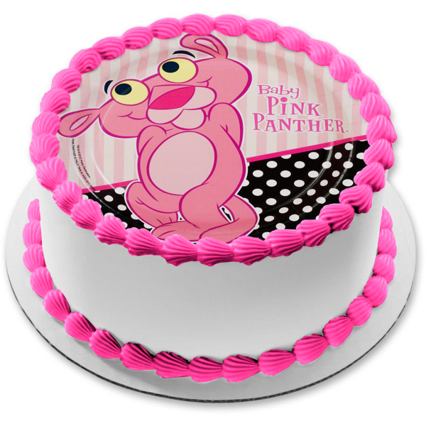 Baby Pink Panther Stripes and a Polka Dots Background Edible Cake Topper Image ABPID01475