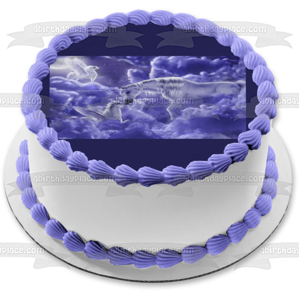 Unicorns Clouds Pegasus and a Blue Moon Edible Cake Topper Image ABPID01508