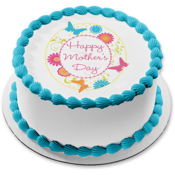 Happy Mother's Day Butterflies and Flowers Edible Cake Topper Image ABPID01635