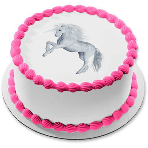 Fantasy Standing Unicorn Blue White Edible Cake Topper Image ABPID01623