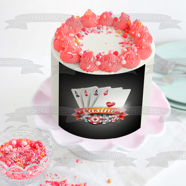 Casino Playing Cards Aces Poker Chips and a Black Background Edible Cake Topper Image ABPID01708