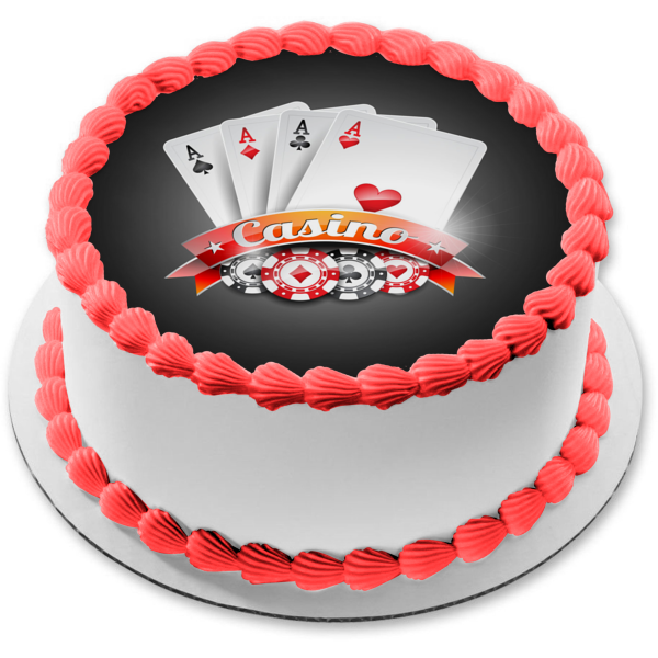 Casino Playing Cards Aces Poker Chips and a Black Background Edible Cake Topper Image ABPID01708