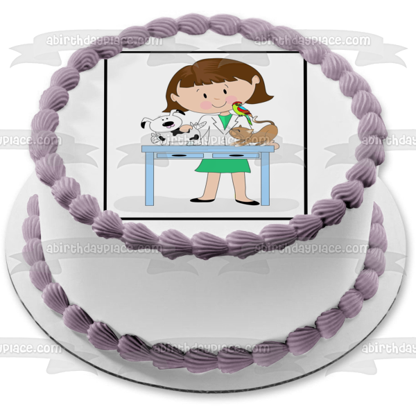 Cartoon Veterinarian Cat Dog and a Bird Edible Cake Topper Image ABPID01674