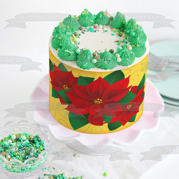 Flowers Poinsettias Gold Background Edible Cake Topper Image ABPID13521