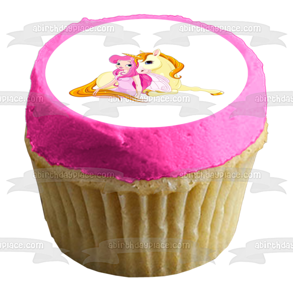 Yellow Unicorn and Pink Fairy Edible Cake Topper Image ABPID01813